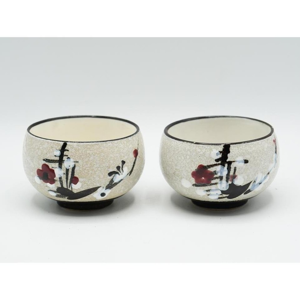 Japanese Yunomi Tea Cup Set 2 Hand Painted Textured Stoneware Floral Speckled 3"